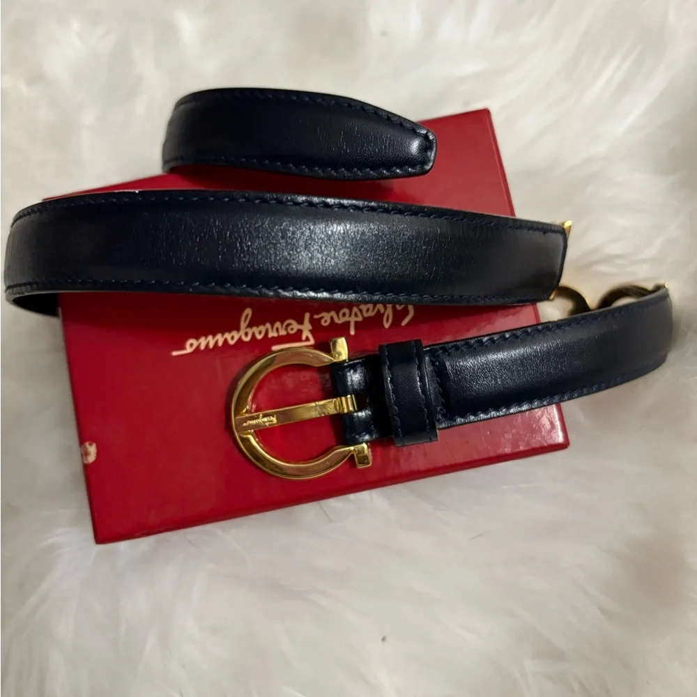Salvatore Ferragamo black Leather Belt with Gold Buckle